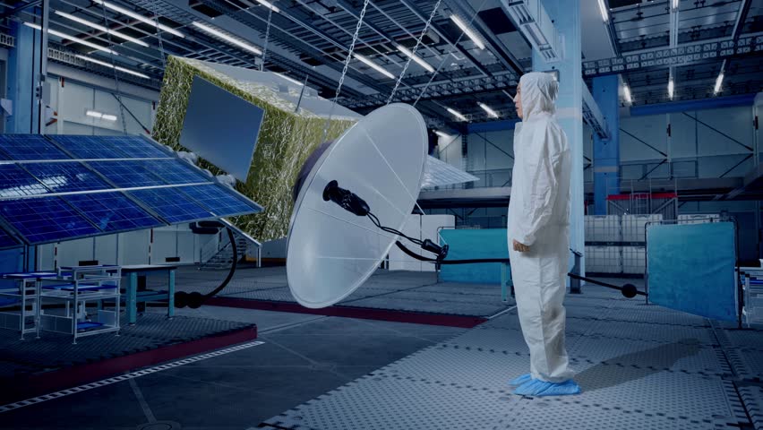 Full Body Side View Of Asian Male Scientist Celebrating The Succeed While Standing With Spacecraft Construction