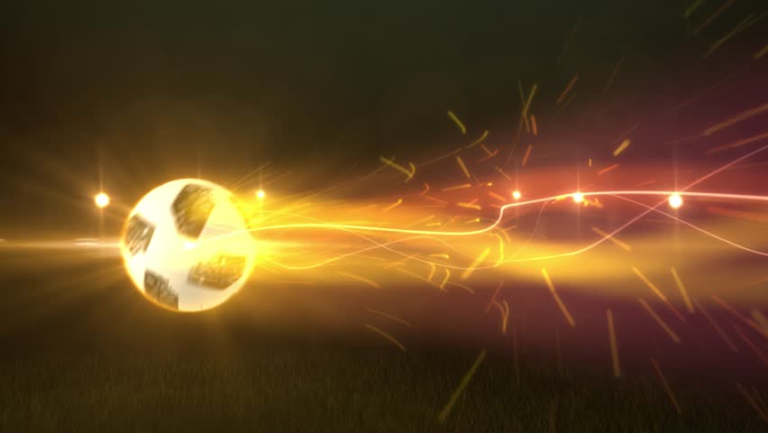 fiery soccer ball kicked with power at the stadium scoring a goal. Fiery Soccer Ball In Goal With Net In Flames. Soccer ball fire intro background.Rotating football ball in burning fire flames on dark