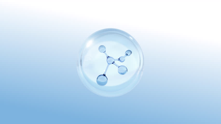 Cosmetic liquid ball with alpha channel. Oil droplets, serum bubbles, vitamin C, cosmetic essence, liquid bubble, gel bubble, and molecule inside a liquid bubble on a water background. 