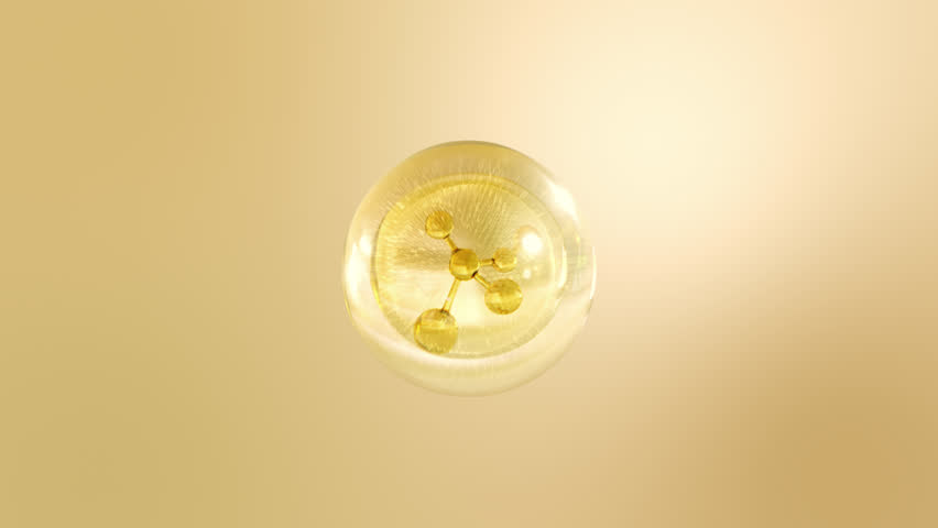 Cosmetic liquid ball with an alpha channel. Oil droplets, serum bubbles, vitamin C, cosmetic essence, water bubble, gel bubble, and molecule within a liquid bubble on a water background. 