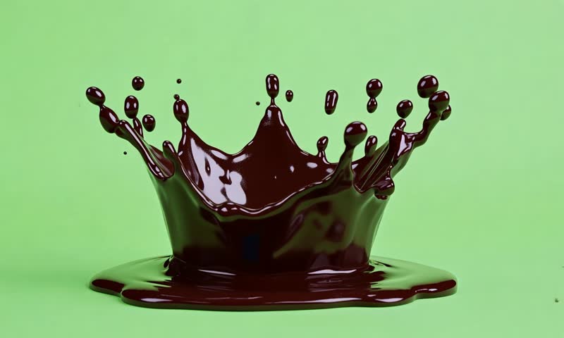 Chocolate splash with The splashes form the shape of an open crown with liquid flowing from it: High quality 3D illustration, Easy editable green screen video.