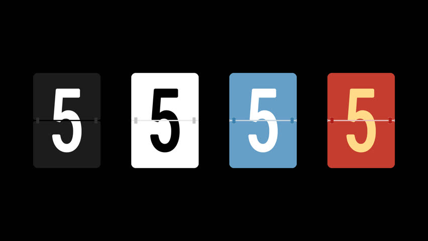 Number 5 isolated flip board motion graphic with alpha channel. Airport scoreboard display panel animated on transparent background. Five, countdown, black, white, blue, red, yellow.