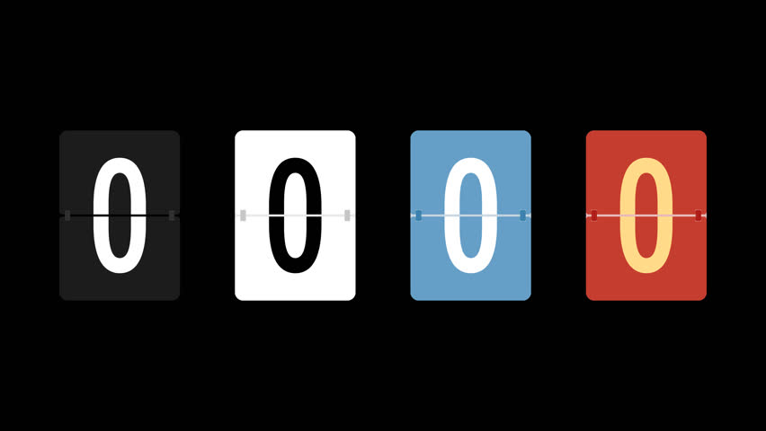 Number 0 isolated flip board motion graphic with alpha channel. Airport scoreboard display panel animated on transparent background. Zero, countdown, black, white, blue, red, yellow.