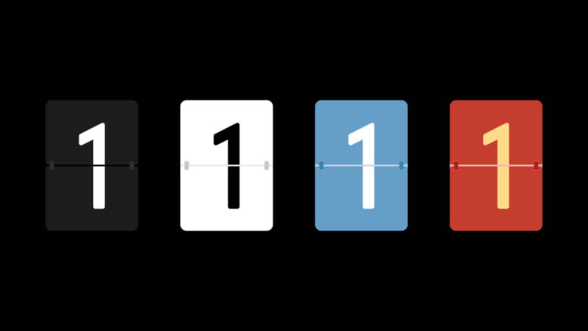 Number 1 isolated flip board motion graphic with alpha channel. Airport scoreboard display panel animated on transparent background. One, countdown, black, white, blue, red, yellow.