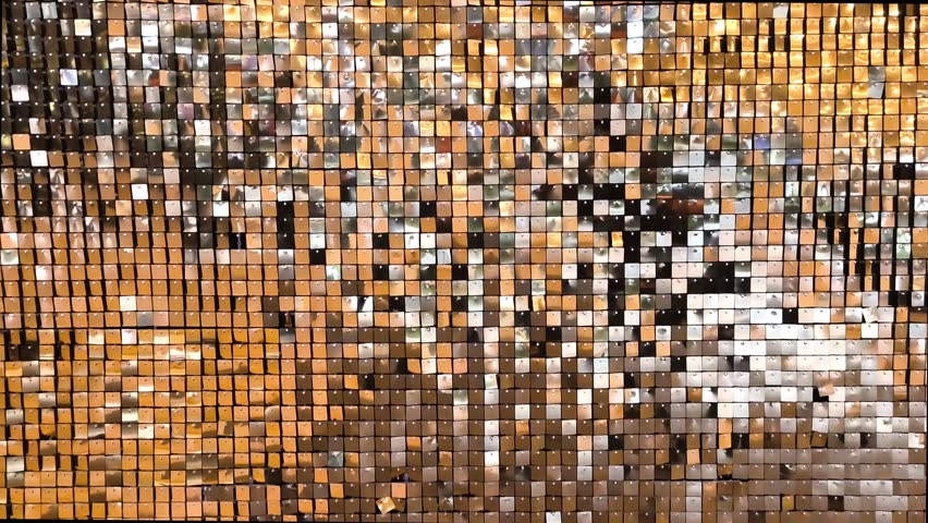 Gold disco party pattern. Yellow square sequin mosaic texture background.