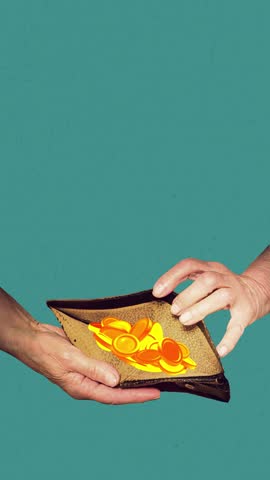 Senior woman open an empty wallet. Closeup wallet without money as financial crisis concept - 2D animation