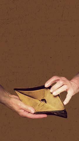 Senior woman open an empty wallet. Closeup wallet without money as financial crisis concept - 2D animation