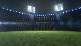 Brightly Modern Football Stadium at Night with Lush Green Grass Field, Intense Spotlights, and Rows of Empty Seats in a Vast Outdoor Sports Arena. football fans stadium - Powered by Shutterstock - Get 15% off with code: PIKWIZARD15