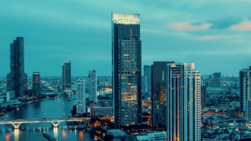cityscape lapse, buildings in metropolises, day and night, dusk, city, river in the city, boats, Impressive aerial time lapse panoramic view, urban life. Day and night transition time lapse of city