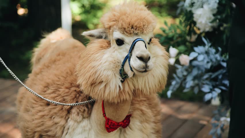A cute llama stands quietly on a leash next to its owner. The animal is dressed in a festive harness