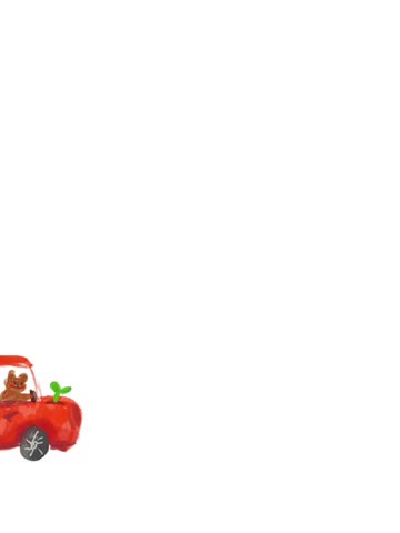 Illustration of a car driven by three dolls moving forward