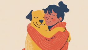 Cute girl hug funny red dog. Art illustration isolated on light beige background. Products for animals, pets. Volunteer concept Woman embrace redhead doggy. Minimalistic style. Best friend concept. - Powered by Shutterstock - Get 15% off with code: PIKWIZARD15