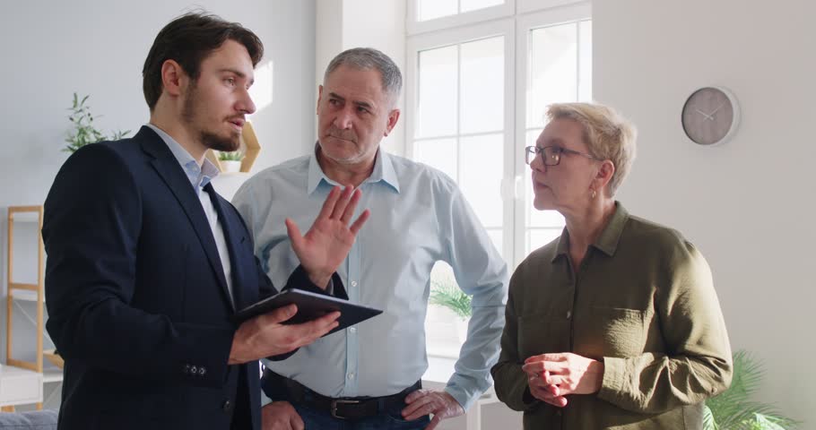 Real estate agent presenting flat, showing plan, licensed professional lawyer, realtor speaking to senior, financial advisor giving consultation to elder, represent sellers, buyers real estate