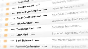 Online banking and finance related email scrolling list 4k animation, transactions and statement message design. - Powered by Shutterstock - Get 15% off with code: PIKWIZARD15
