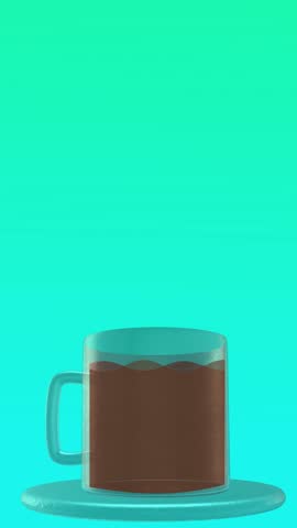 Animation featuring six identical coffee cups filled with dark coffee, placed on matching saucers against a vibrant turquoise backdrop