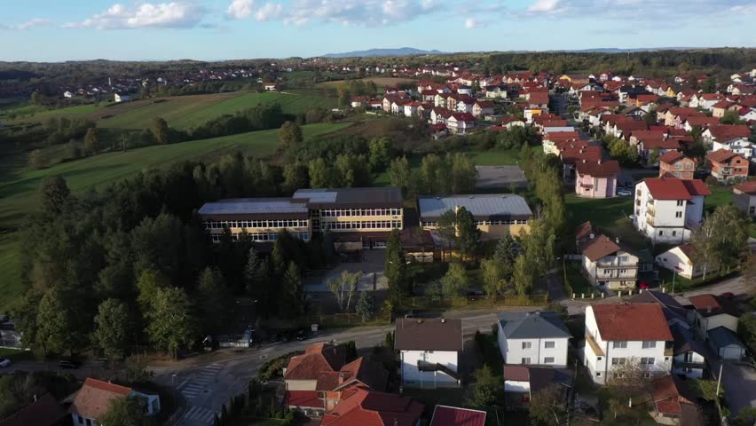 Elementary school Nikola Tesla in Prnjavor, Bosnia and Herzegovina. Drone view. Aerial shot.