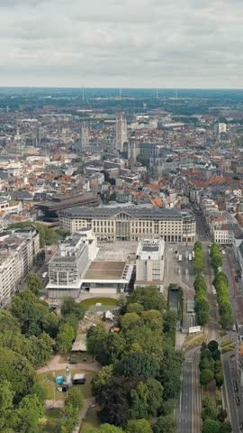 Vertical video. Ghent, Belgium. Panorama of the central city from the air. Cloudy weather, summer day, Aerial View, Point of interest