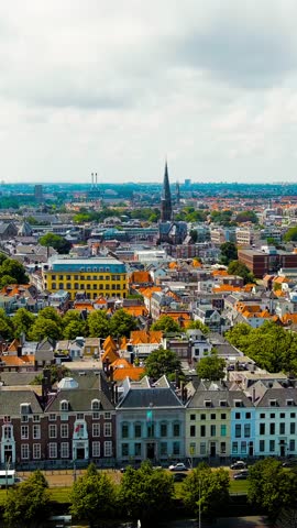 Vertical video. The Hague, Netherlands. The Hague Center - The historical center of the city. Cloudy weather. Summer day, Aerial View. Rich colors
