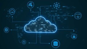 Cloud technology with flowing matrix data on blue earth map - Powered by Shutterstock - Get 15% off with code: PIKWIZARD15