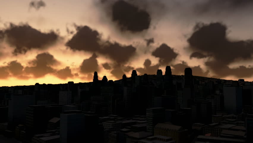 City skyline at sunrise, time lapse clouds, night to day