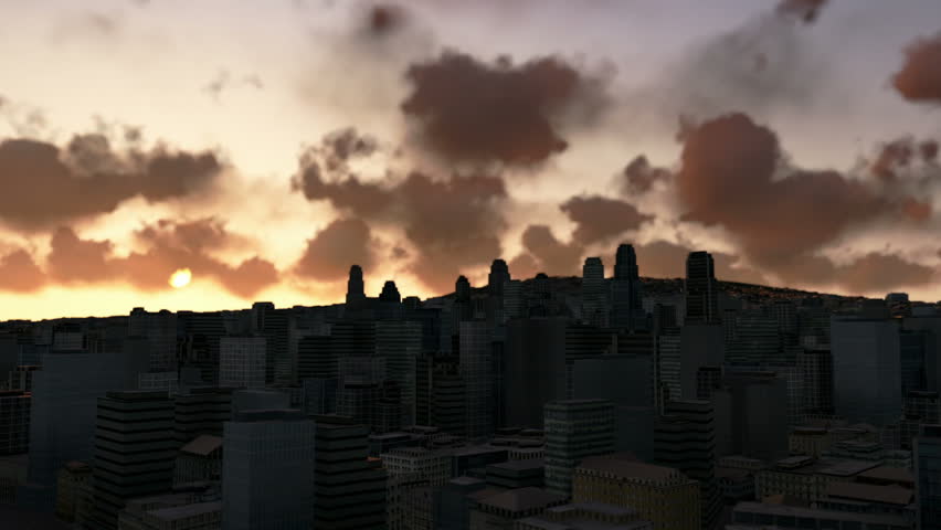 City skyline at sunrise, time lapse clouds