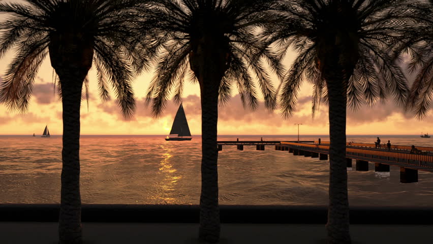 People relaxing on pier, ocean at sunset, luxury yacht sailing, camera panning