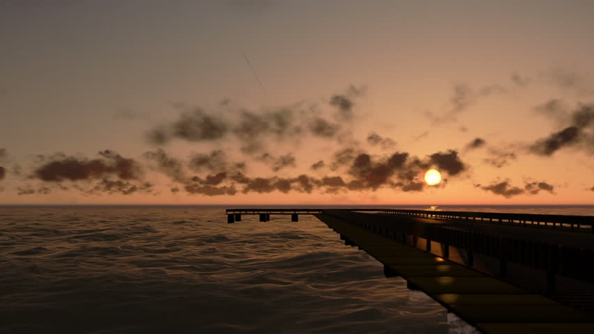 Pier in Ocean at sunset, time lapse clouds, camera panning