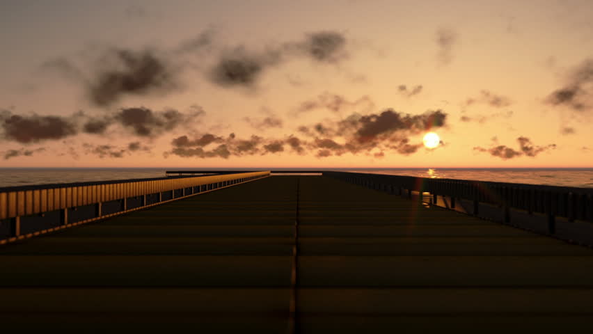 Pier in Ocean at sunset, time lapse clouds, zoom in