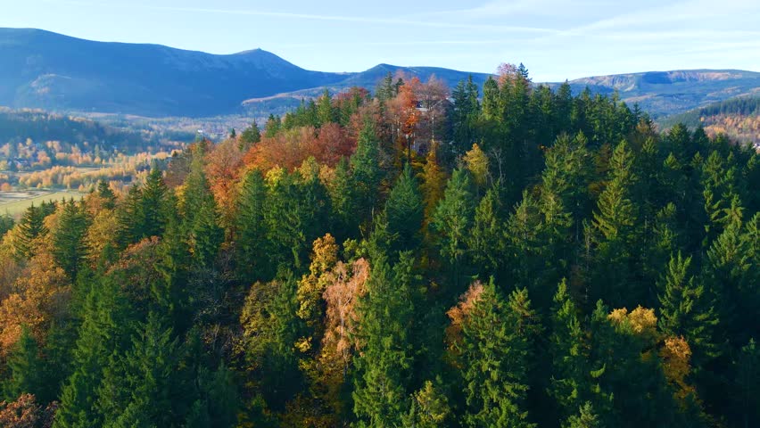 drone flight over tourist area mountains forest autumn Karpacz Poland
