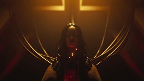 Portrait of a sad cyborg girl with long dark hair, metal grunge wires on neck, closed eyes, connected to internet with wires on back. Volumetric yellow light in futuristic night interior. 3d animation - Powered by Shutterstock - Get 15% off with code: PIKWIZARD15