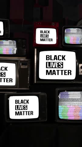 White BLM Logo Displayed on Retro TVs - Vertical View