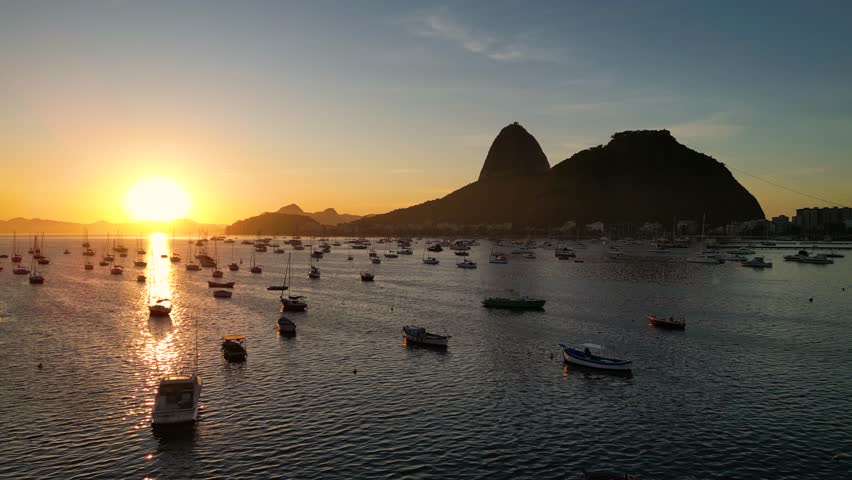 Many Small Boats in Botafogo Bay With Sugarloaf Mountain in the Horizon on Sunrise in Rio de Janeiro, Brazil