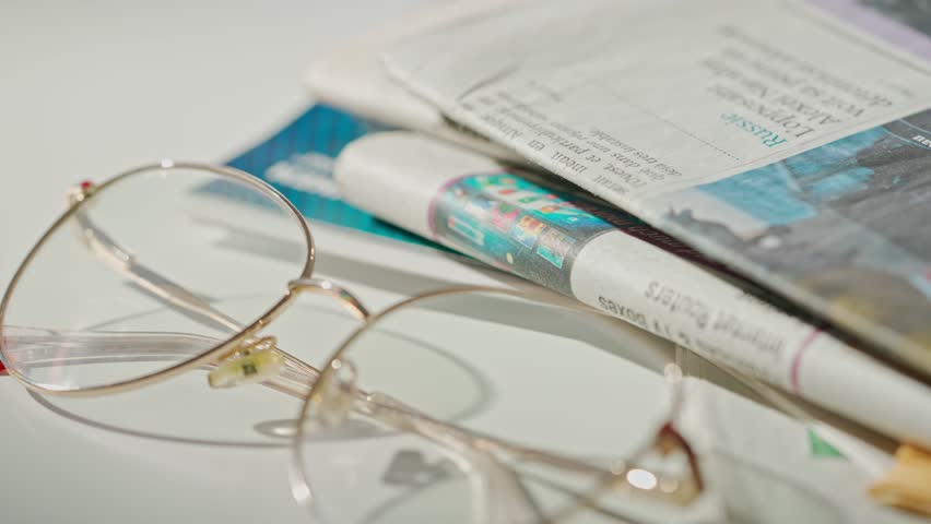 A close up of the glasses on the newspaper.