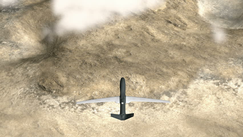 Drone: an RQ-4 Global Hawk flying over desert mountains.   High-quality 3D
