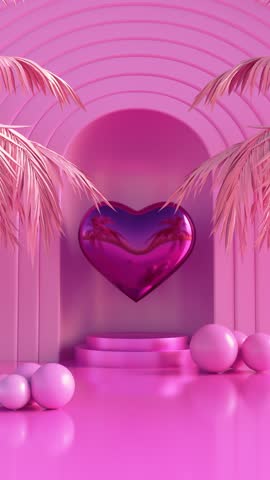 Vertical 3d animation for Valentine's Day. In a pink studio with pink palm trees, a heart rotates above the stage, a symbol of love and fidelity. Loop animation of the holiday.