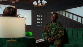 Military personnel sharing feelings about combat flashbacks during therapy, joining a rehabilitation program for armed forces troopers. Soldier opening up about PTSD and shell shock. Camera B. - Powered by Shutterstock - Get 15% off with code: PIKWIZARD15