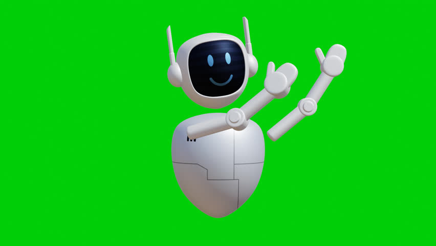 Robot assistant 3D animation with pointing to up gesture. Green screen background with perfect looping.