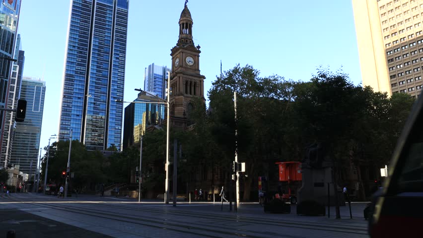 George street cornet at Sydney city Town Hall house building with tramway transport.
