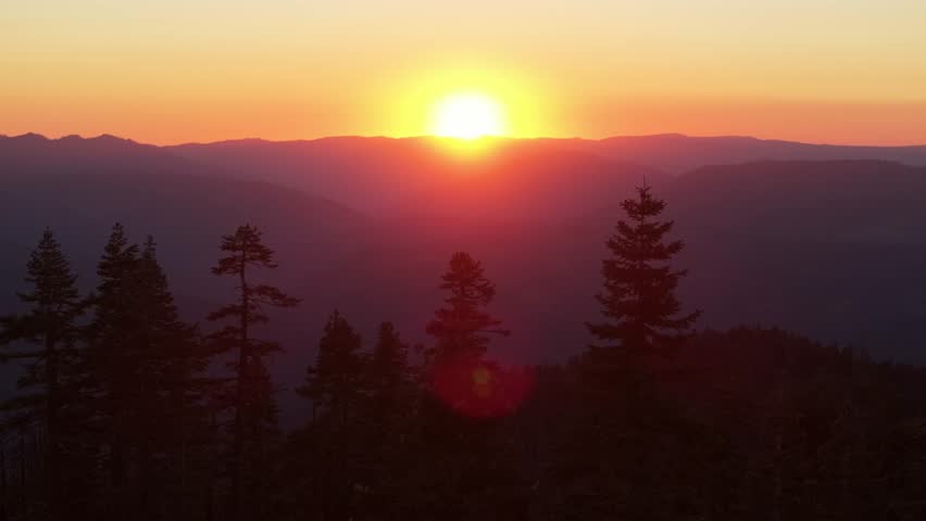 Vibrant sunset over mountain ridge with tall pine trees in silhouette creates a peaceful scene