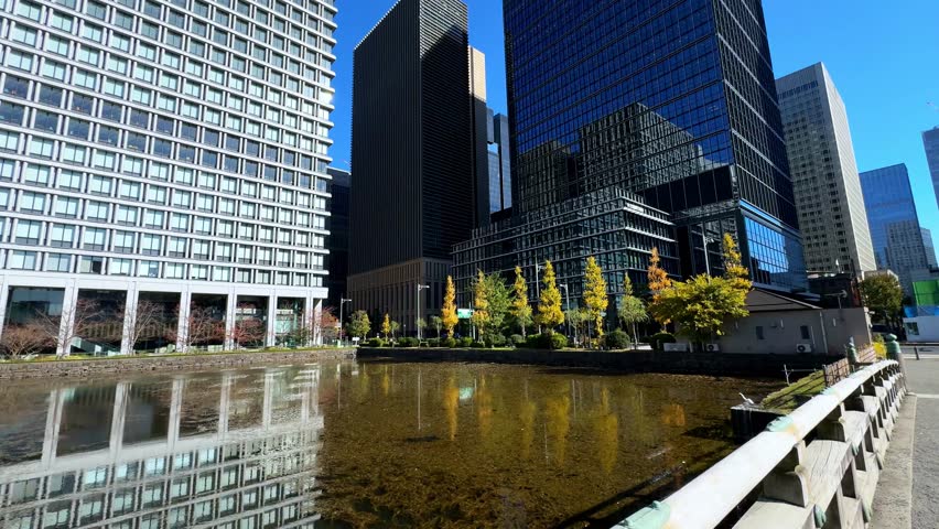 Modern skyscrapers reflect on a tranquil pond surrounded by trees near Tokyo Imperial Palace
