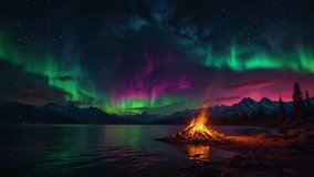 Dazzling green and red aurora borealis lights dance in the starry night sky above the snowy mountains. The warm glow of a campfire by the lake illuminates the forest. 4K - Powered by Shutterstock - Get 15% off with code: PIKWIZARD15