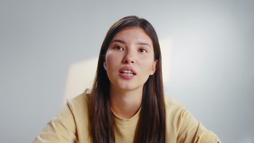 Freelancer woman talk use webcam laptop computer pov. Home e learn concept. Remote work conference during covid 19. Happy girl wear yellow t shirt. Online education tutor video call. Corona virus job.