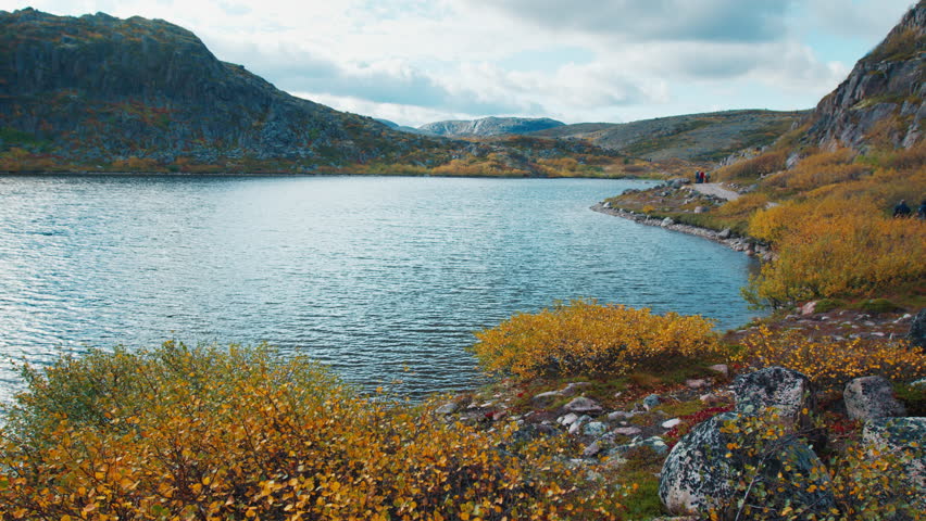 Arctic landscape. Autumn arctic landscape of the Kola Peninsula near the town of Teriberka with mountains and bright plants
