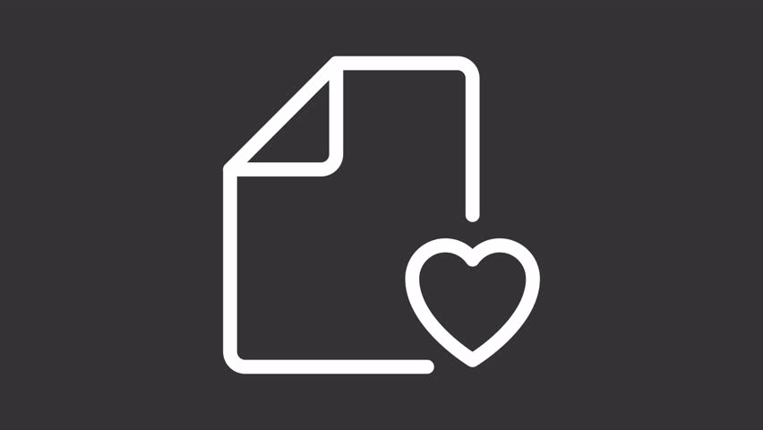 Cardiology test white line animation. Heartcare animated icon. Scaling heart. Clinical document, paperwork. Isolated illustration on dark background. Transition alpha video. Motion graphic