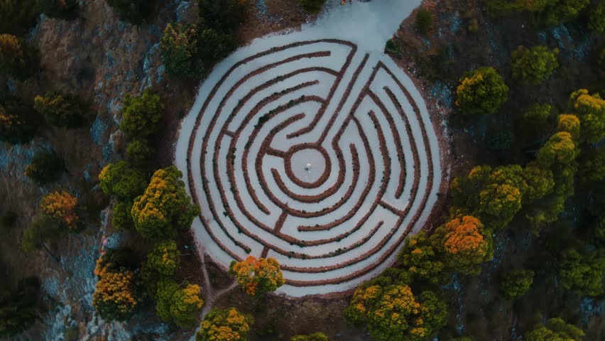 Top view of circular labyrinth surrounded by lush greenery. Hedge maze among forest trees at sunset. Lavender labyrinth in Rogoznica, Croatia