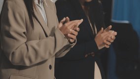 Happy, business people and hands clapping at meeting with notebooks in office for seminar or trade show. Smile, corporate group and conference with applause in boardroom for training interns - Powered by Shutterstock - Get 15% off with code: PIKWIZARD15