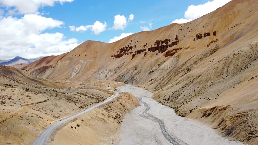 An aerial view of beautiful himalayan mountains near pang, passing through the keylong-leh road, Ladakh, India.