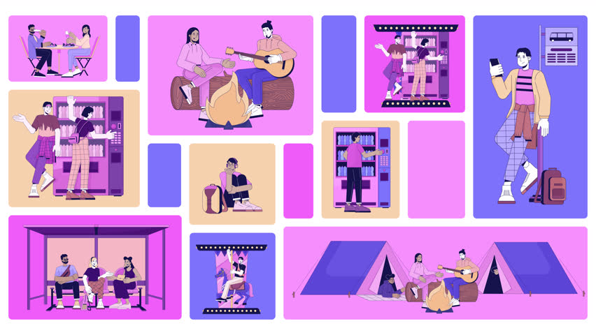 Feel nostalgic lo fi vibes bento grid animation. Bus stop, camping. Couple dates, leisure friends diverse lofi collage motion 4K video web design. Animated cartoon characters collection mood board