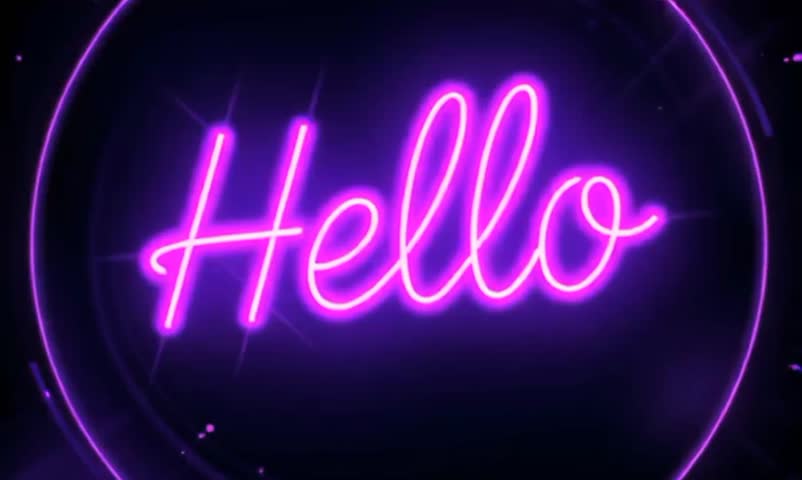 Neon pink "Hello" sign, glowing text, dark background, purple hues, starry effect, retro aesthetic, vibrant colors, nightclub atmosphere, electric luminescence, 80s style typography, sci-fi mood, cybe