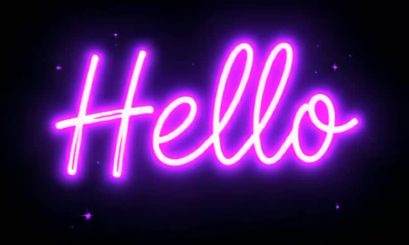 Neon pink "Hello" sign, glowing text, dark background, purple hues, starry effect, retro aesthetic, vibrant colors, nightclub atmosphere, electric luminescence, 80s style typography, sci-fi mood, cybe